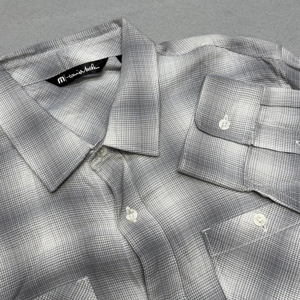 TravisMathew Mens L Grey White Ombre Plaid Long Sleeve Button Down Shirt